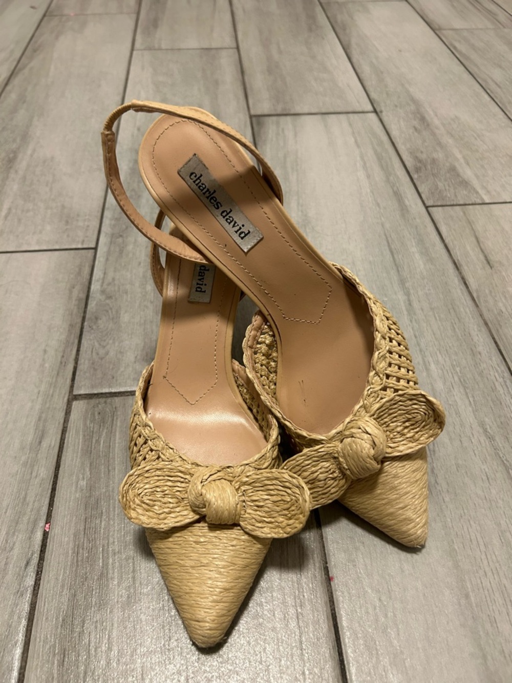Charles David Natural Raffia Pointed Bow Slingback Heels - Picture 3 of 7